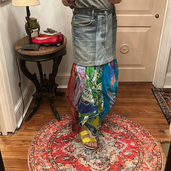 Hand Crafted Dresses & Skirts - Incredible Sz 6 handcrafted denim maxi skirt with unique, curated, rare scarves
